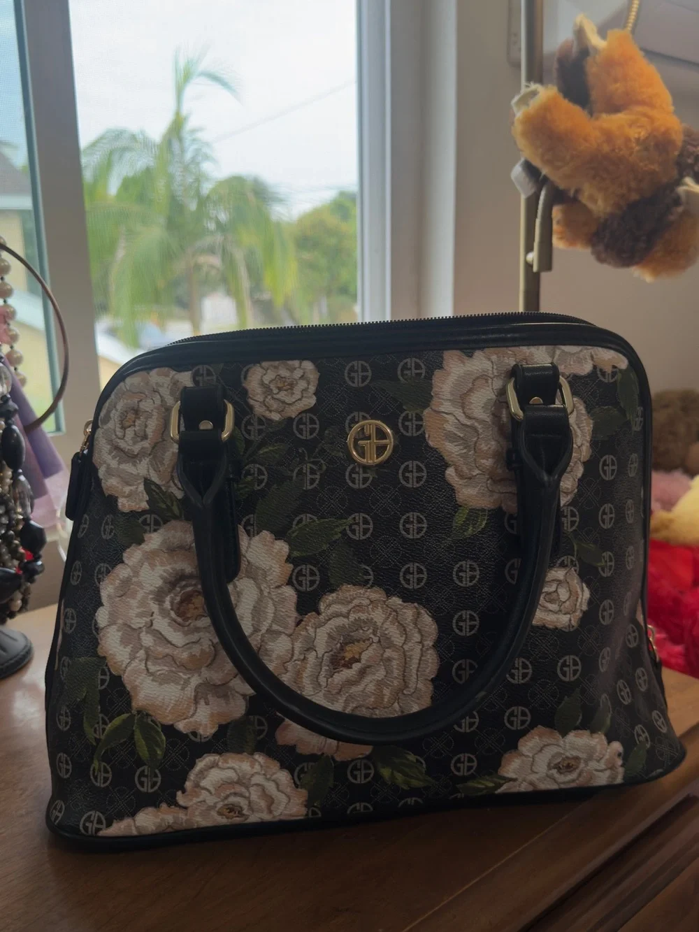 Giani Bernini Black Floral Satchel with Cream Roses